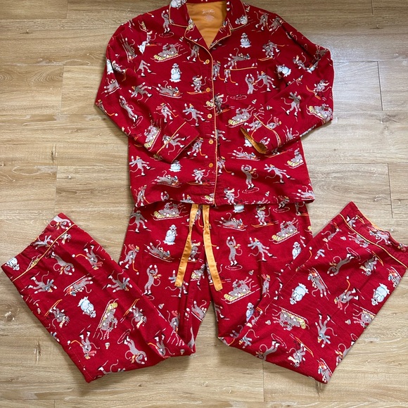 NICK & NORA DOWNHILL MONKEYS 100% COTTON Flannel Set Red Flannel Pajamas S - Picture 10 of 10